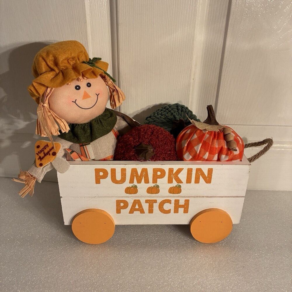 Wood Wagon, Scarecrow Girl, Pumpkins Fall Table Decorating Set. New
